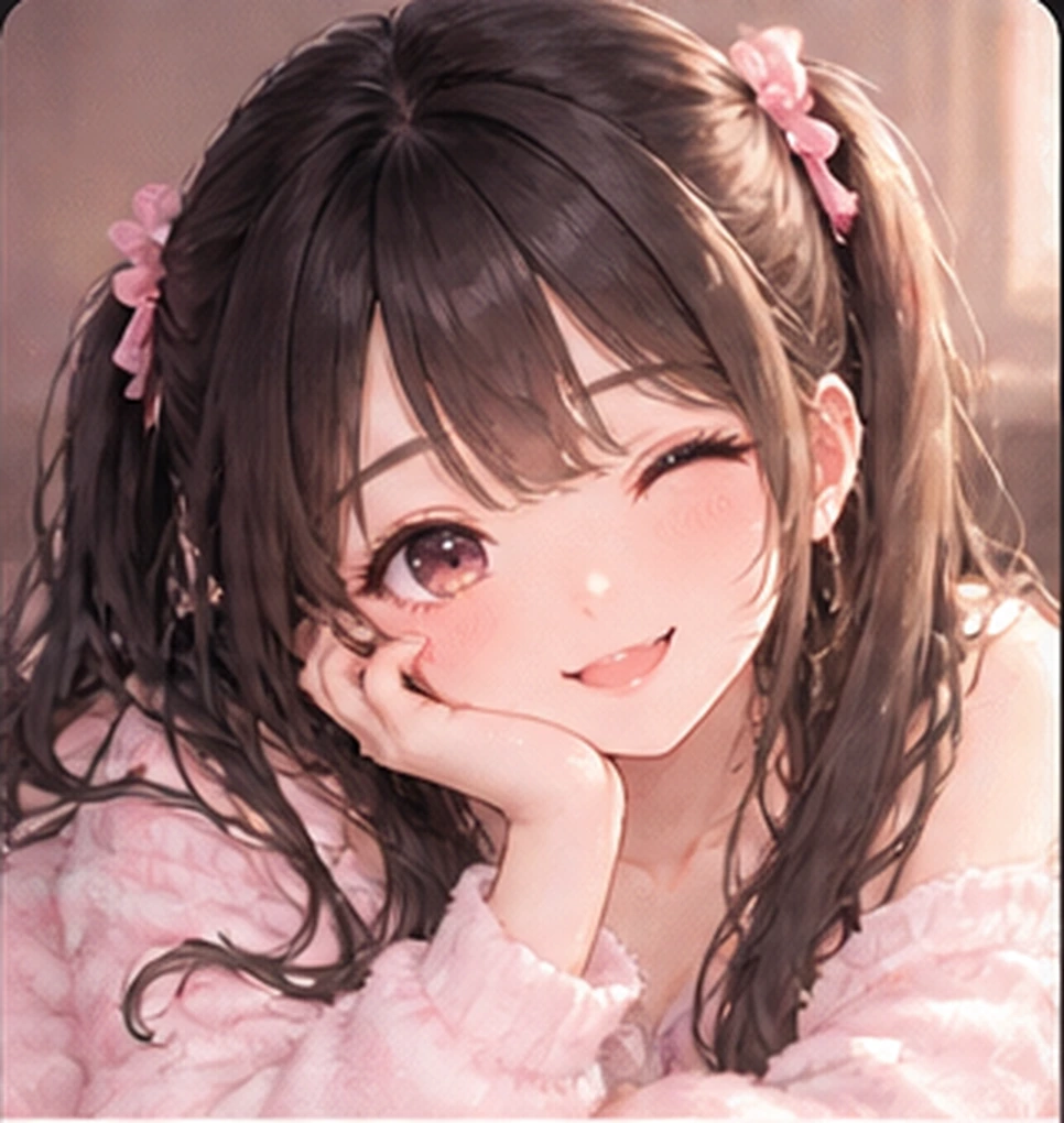 ピンクのふわふわしたセーターを着た、成人女性キャストの可愛い二次元イラスト